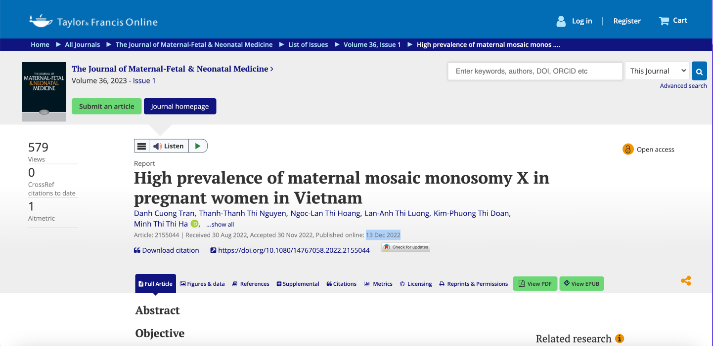 High prevalence of maternal mosaic monosomy X in pregnant women in Vietnam
