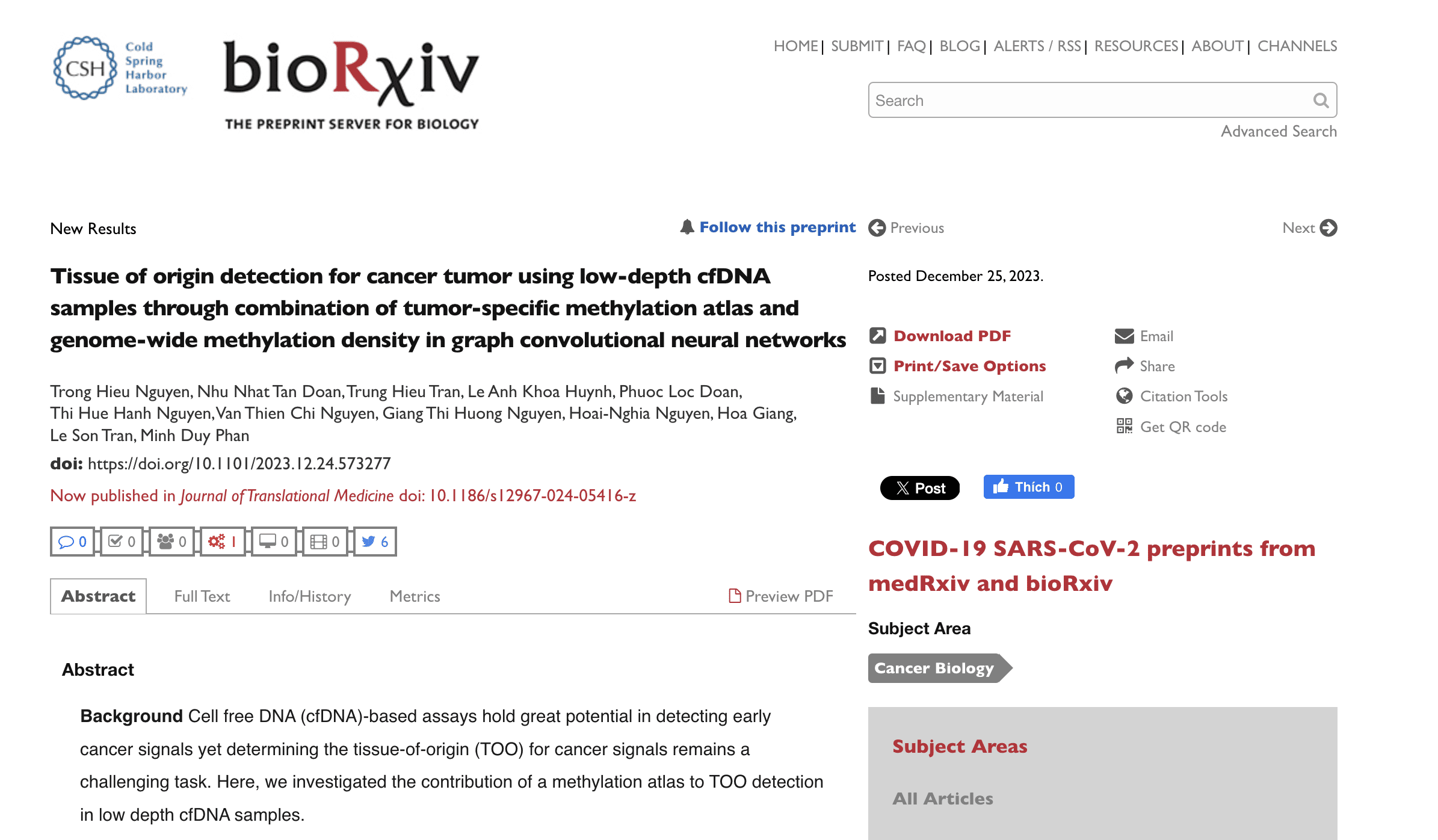Tissue of origin detection for cancer tumor using low-depth cfDNA samples through combination of tumor-specific methylation atlas and genome-wide methylation density in graph convolutional neural networks