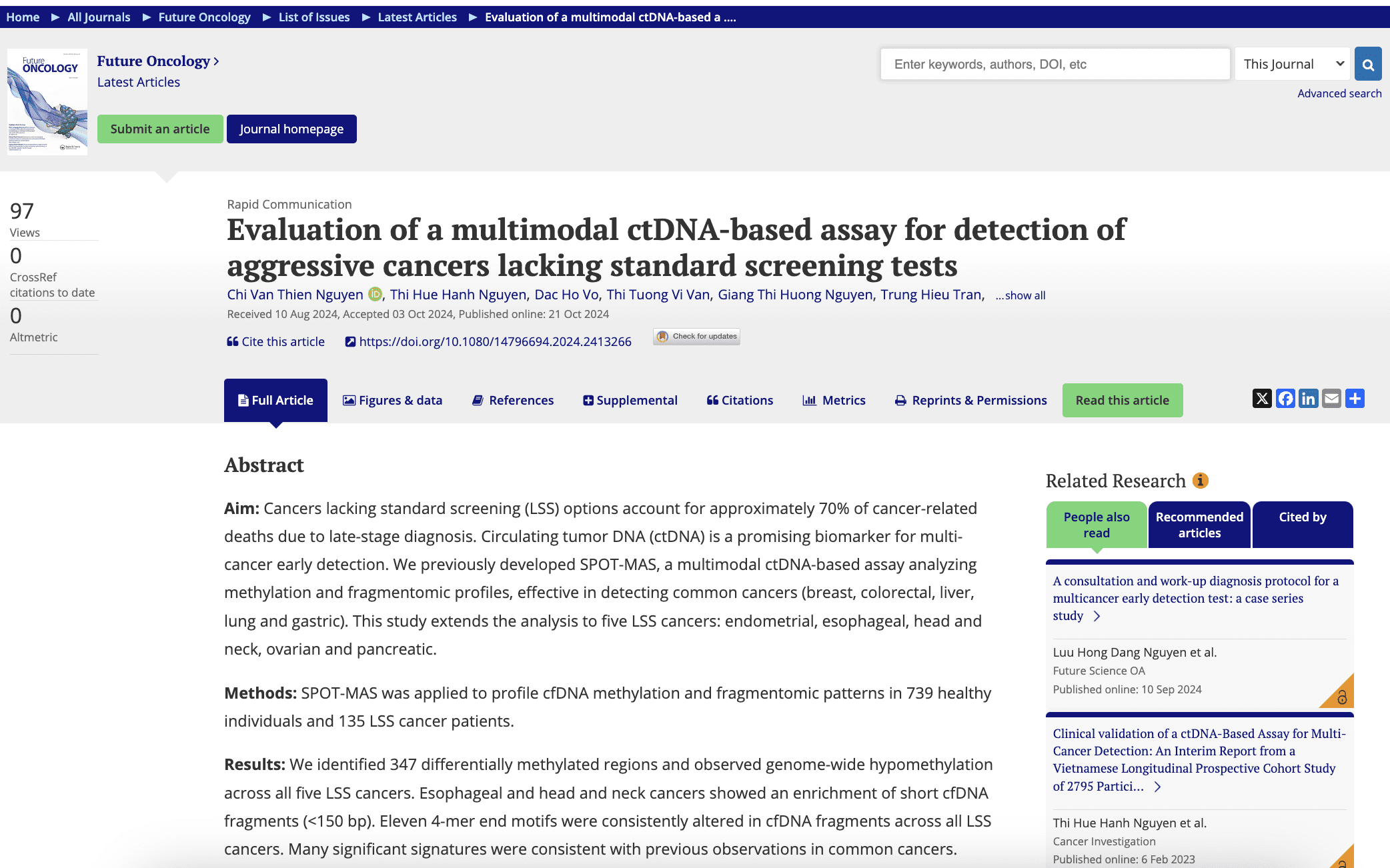 Evaluation of a multimodal ctDNA-based assay for detection of aggressive cancers lacking standard screening tests