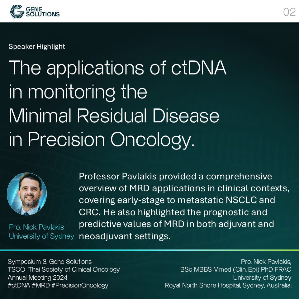 Professor Nick Pavlakis discusses the applications of ctDNA in monitoring Minimal Residual Disease (MRD) at the TSCO Annual Meeting 2024, highlighting advances in lung and colorectal cancer treatment