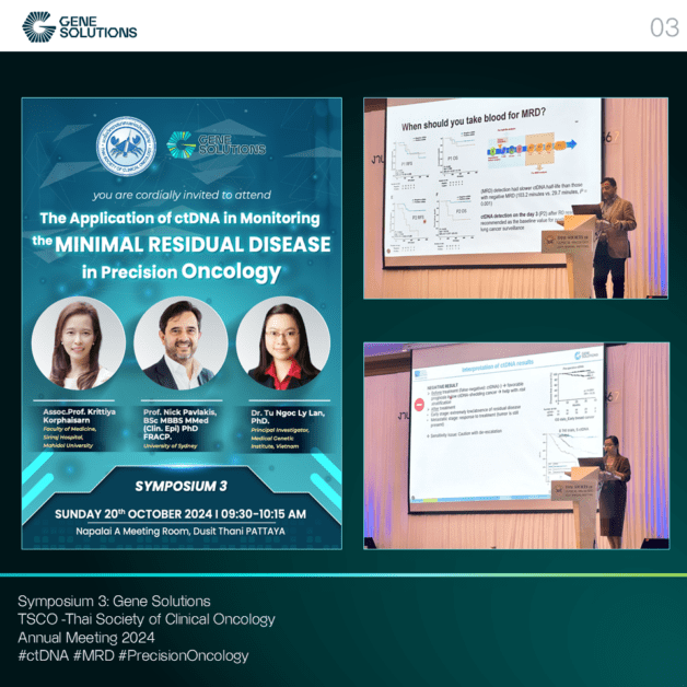 Symposium 3 at the TSCO Annual Meeting 2024 featuring discussions on ctDNA's role in monitoring Minimal Residual Disease, with speakers Dr. Tu Ngoc Ly Lan and Professor Nick Pavlakis