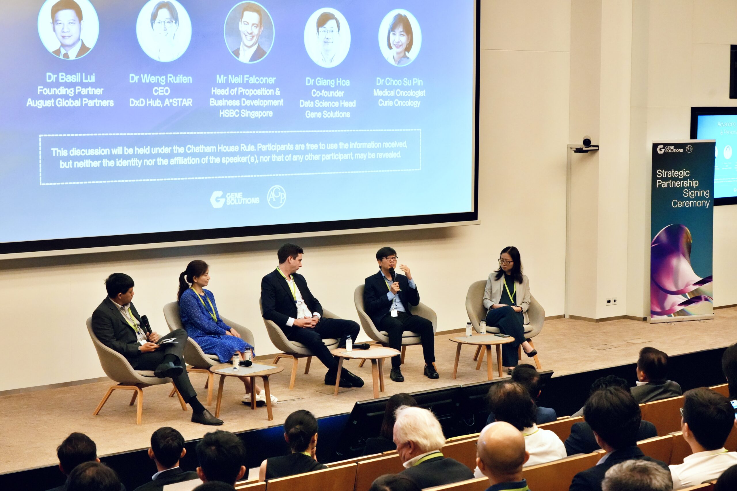 Panelists, including Dr. Basil Lui, Dr. Weng Ruifen, Mr. Neil Falconer, Dr. Giang Hoa, and Dr. Choo Su Pin, discussed the role of genomics and AI in the future of early cancer detection tests during an event at SGX, Singapore