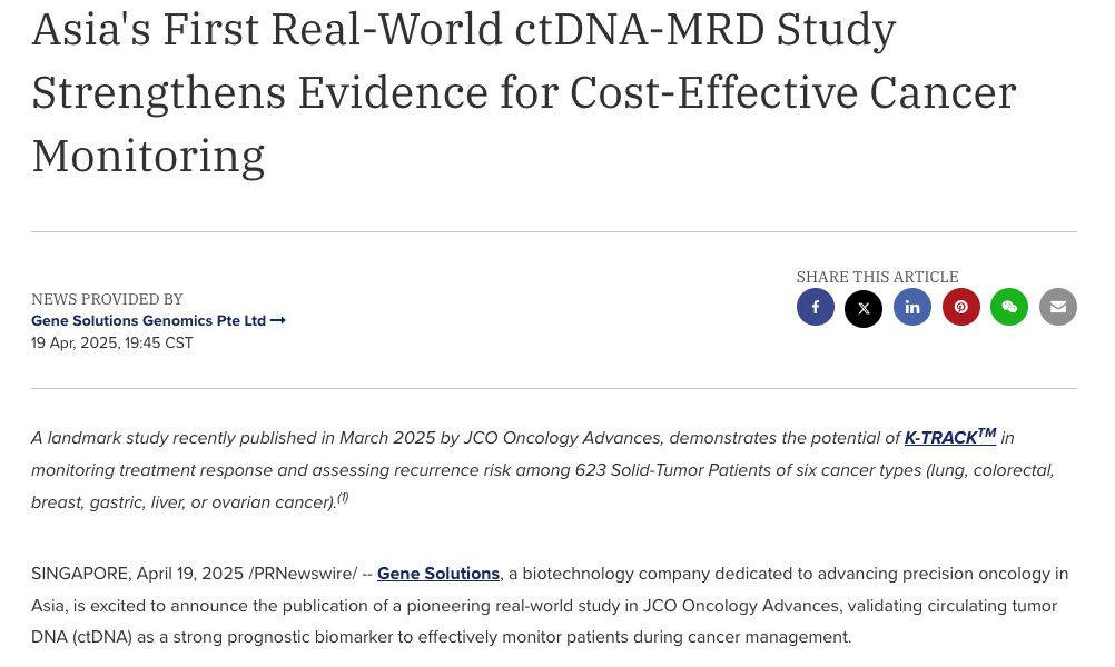 Asia’s First Real-World ctDNA-MRD Study Strengthens Evidence for Cost-Effective Cancer Monitoring