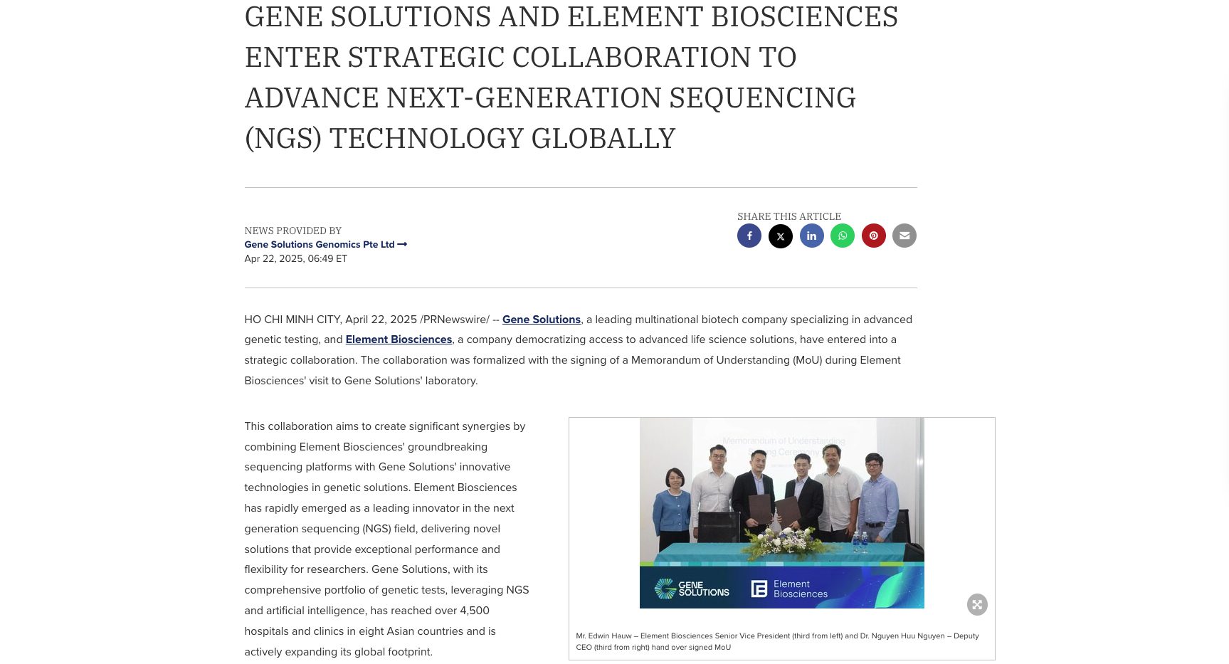 Gene Solutions and Element Biosciences Enter Strategic Collaboration to Advance Next-Generation Sequencing (NGS) Technology Globally