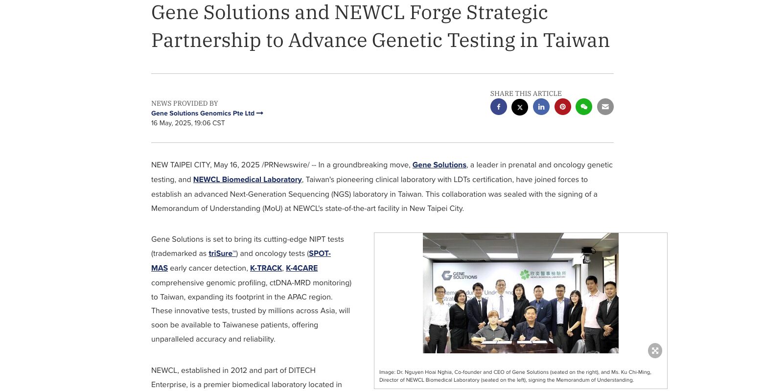 Gene Solutions and NEWCL Forge Strategic Partnership to Advance Genetic Testing in Taiwan