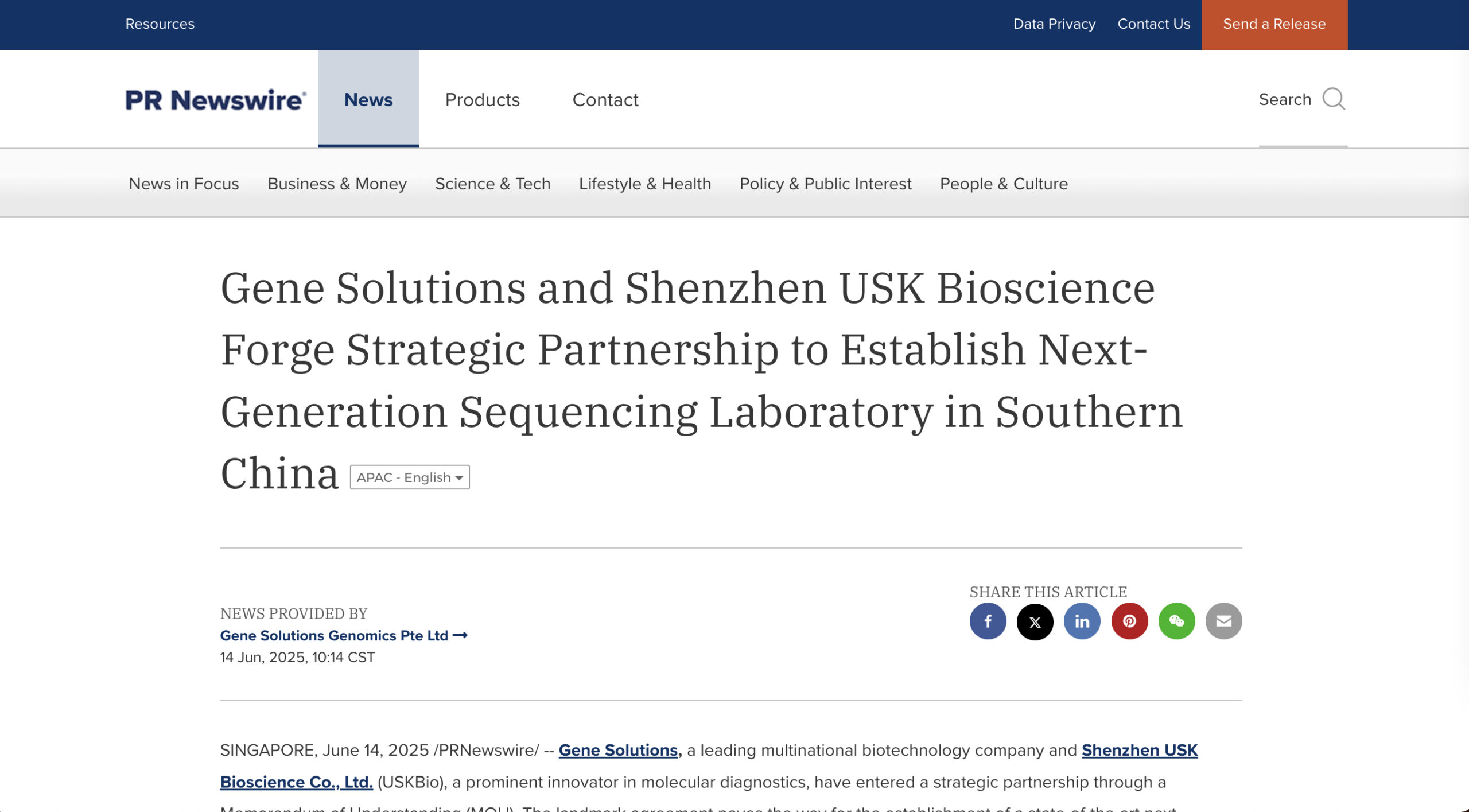 Gene Solutions and Shenzhen USK Bioscience Forge Strategic Partnership to Establish Next-Generation Sequencing Laboratory in Southern China