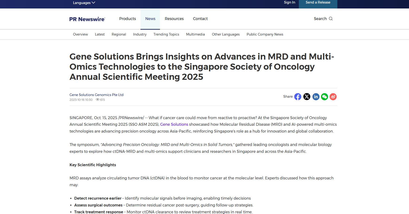 Gene Solutions Brings Insights on Advances in MRD and Multi-Omics Technologies to the Singapore Society of Oncology Annual Scientific Meeting 2025
