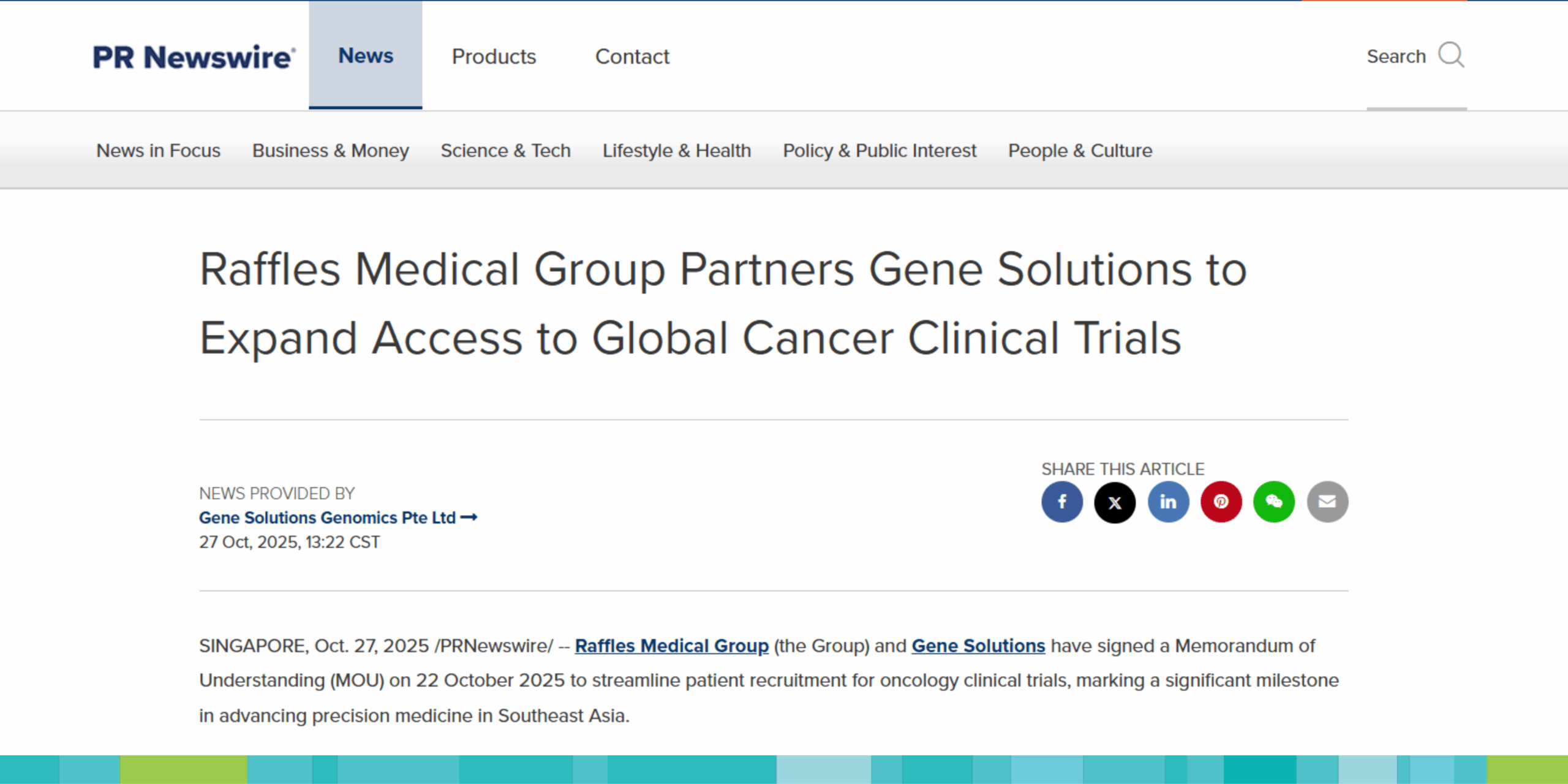 Raffles Medical Group Partners Gene Solutions to Expand Access to Global Cancer Clinical Trials