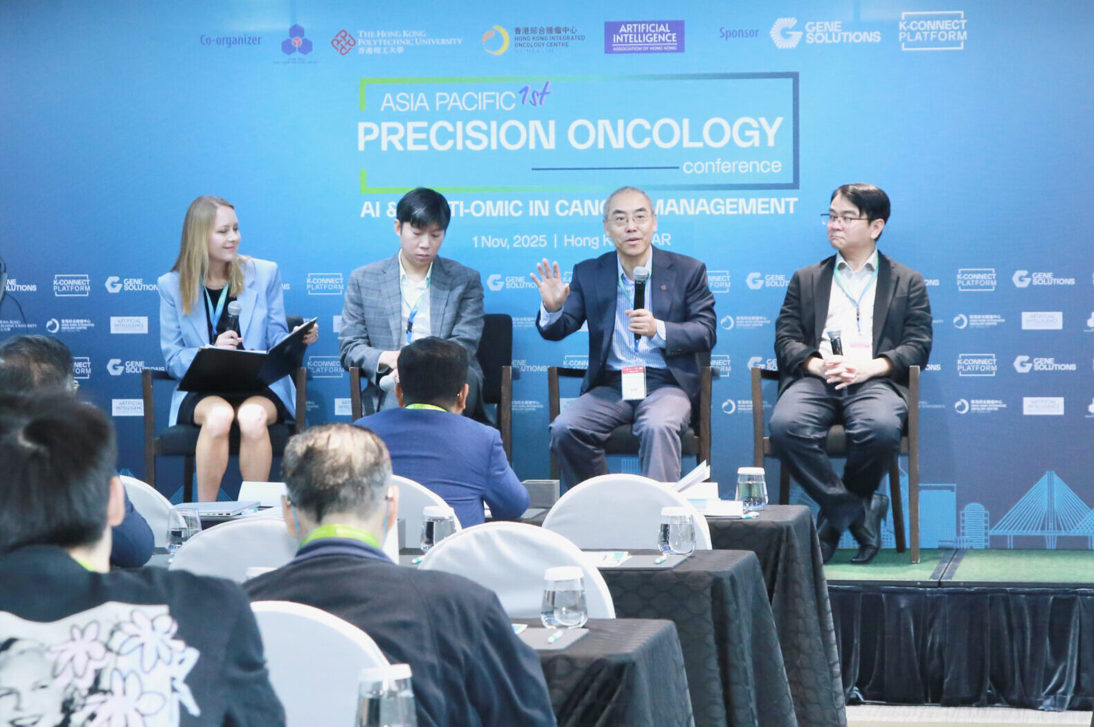Panel discussion - Session 1 at the APAC Precision Oncology Conference 2025. From left to right: Ida D. Lindstroem (Global Medical Affairs, Gene Solutions), Dr. Brendan Chia Seng Hup (Senior Consultant Radiation Oncologist, Raffles Medical Group), Prof. Zhang Wei Xiong (The Hong Kong Polytechnic University), and Dr. Le Son Tran (Principal Investigator, Gene Solutions).