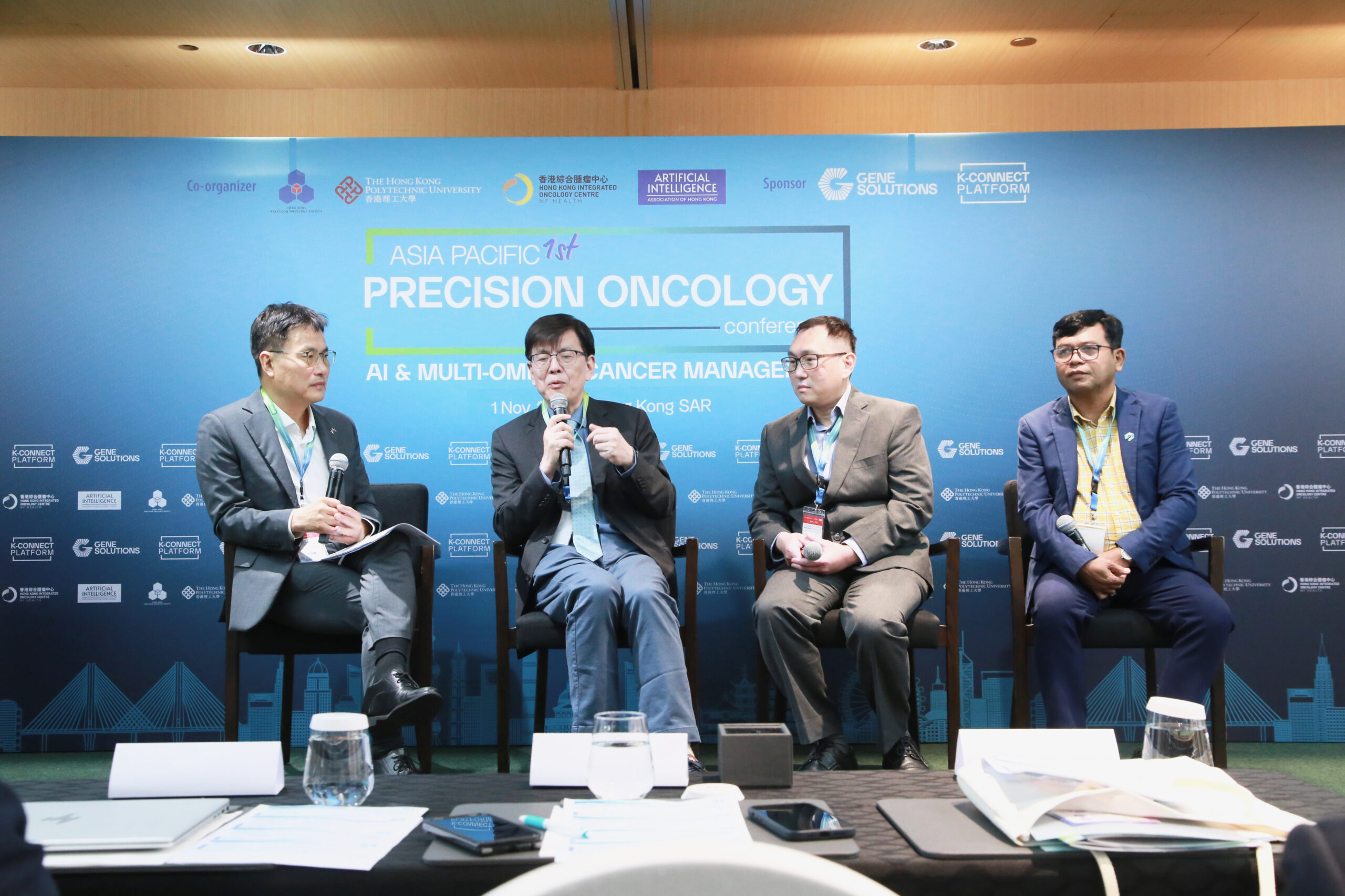 Panel discussion - Session 3 on ctDNA-MRD at the APAC Precision Oncology Conference 2025. From left to right: Prof. Joseph Au (President, Hong Kong Precision Oncology Society), Dr. Ye Gang (Foshan Fosun Chancheng Hospital), Dr. Terrence Tan (Senior Consultant Medical Oncologist, Raffles Medical Group), and Dr. Duy Sinh Nguyen (Head of Oncology Medical, Gene Solutions).