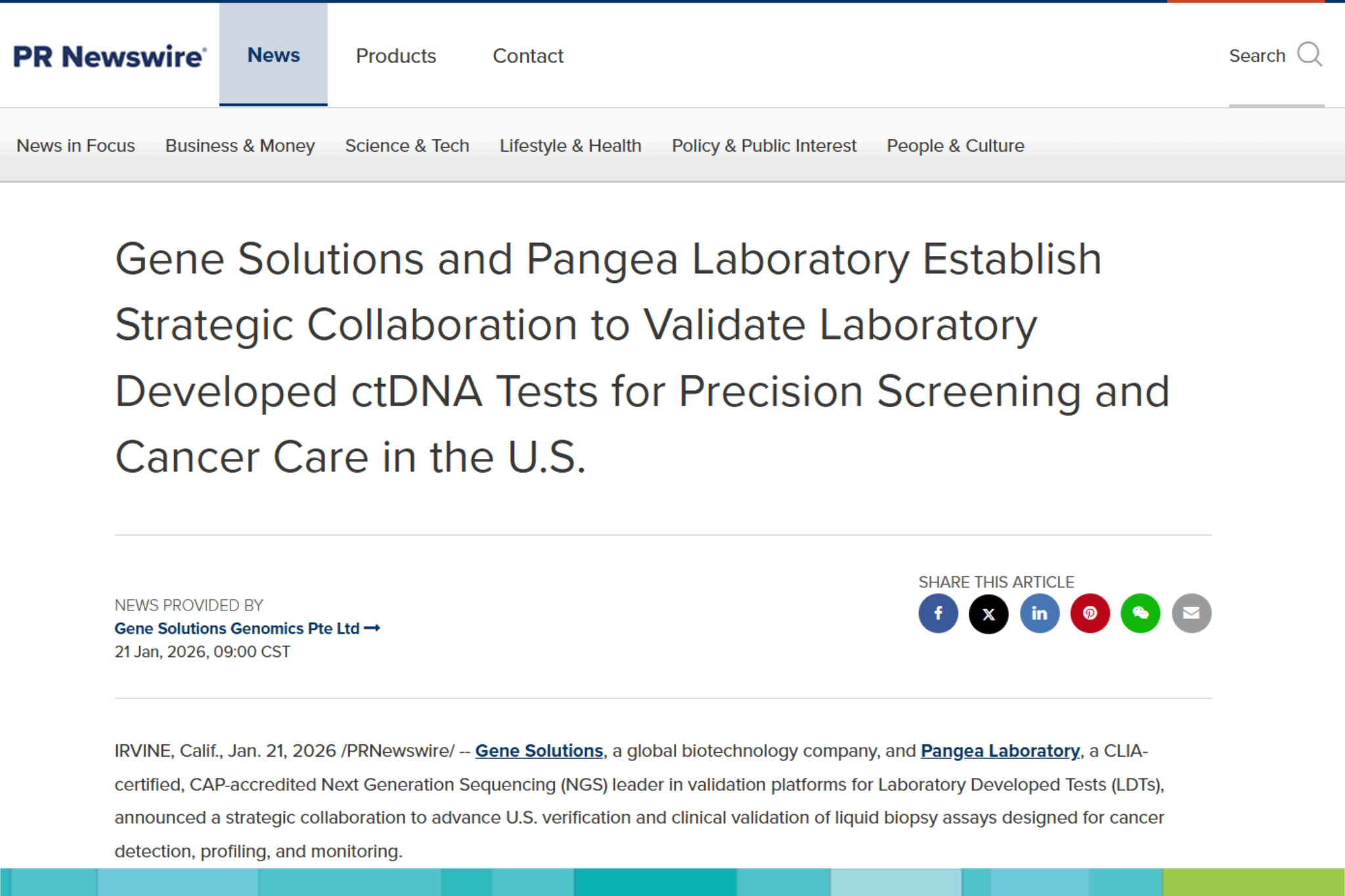 Gene Solutions and Pangea Laboratory Establish Strategic Collaboration to Validate Laboratory Developed ctDNA Tests for Precision Screening and Cancer Care in the U.S.