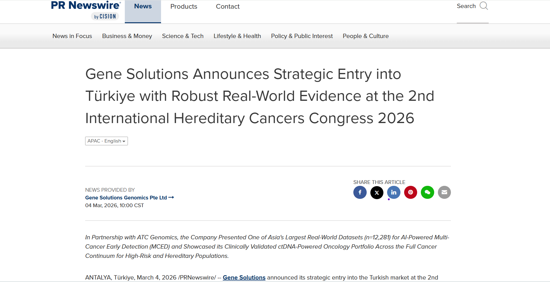 Gene Solutions Announces Strategic Entry into Türkiye with Robust Real-World Evidence at the 2nd International Hereditary Cancers Congress 2026