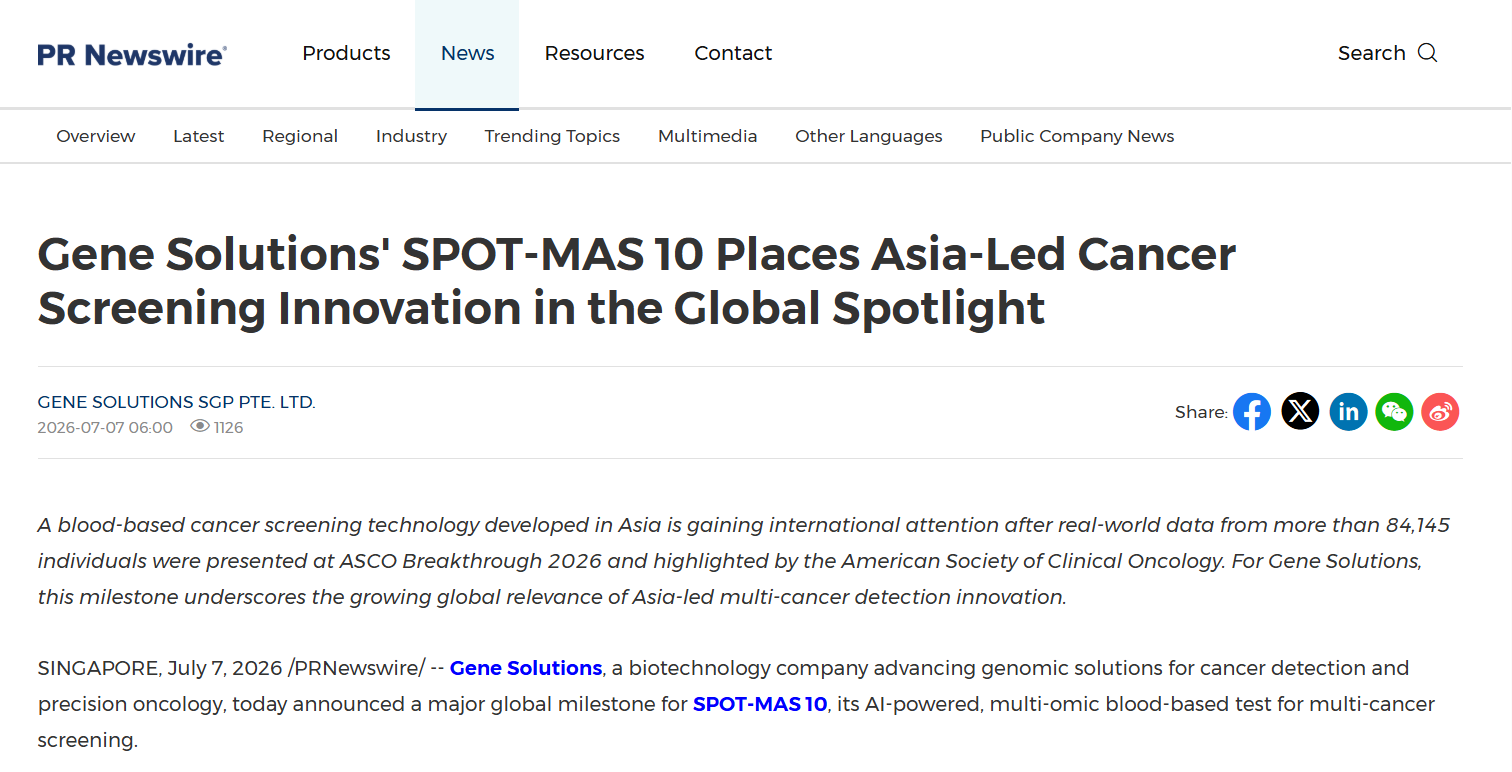 Gene Solutions’ SPOT-MAS 10 Places Asia-Led Cancer Screening Innovation in the Global Spotlight